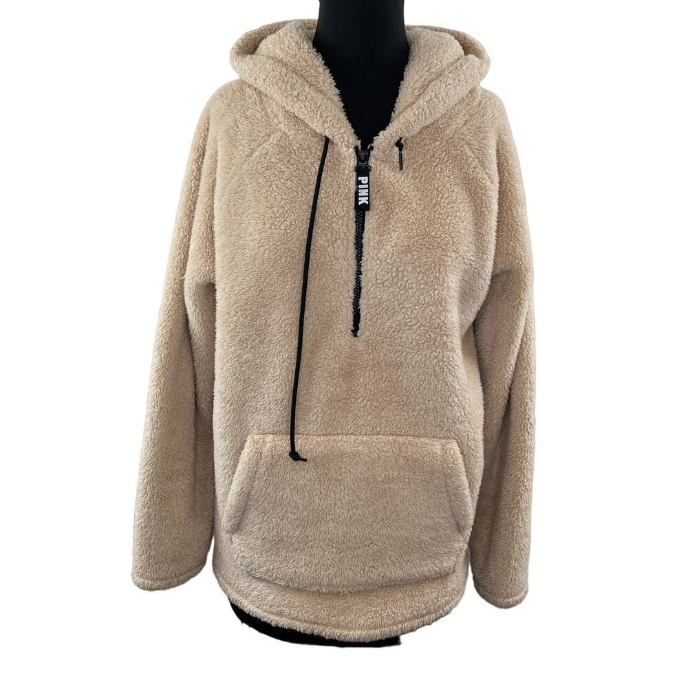 PINK Victoria Secret Beige L Half Zip Hoodie Teddy Fuzzy Long Sleeve Pullover